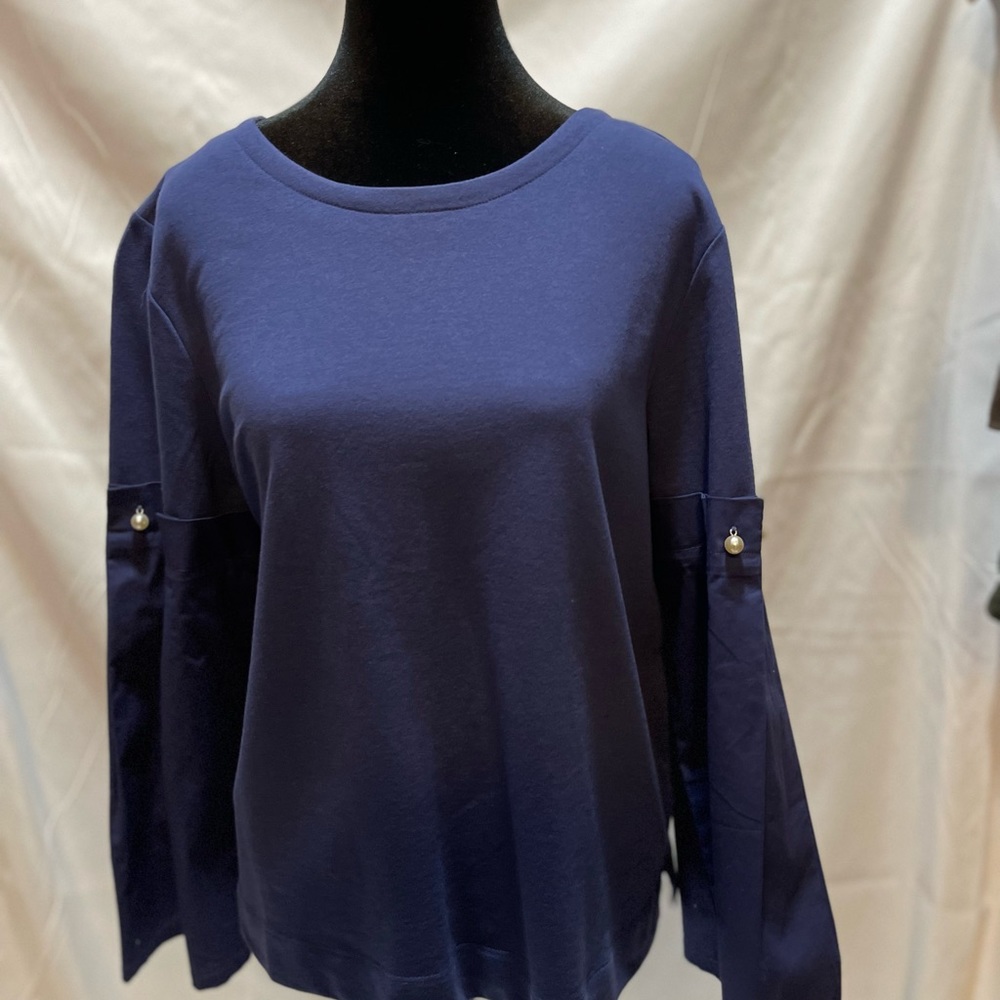 Lane Bryant Mixed media blouse with pearl accents on pleated sleeves
